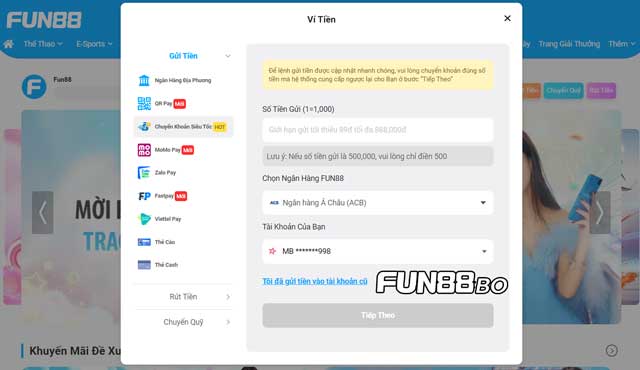 Cách nạp tiền Fun88 qua chuyển khoản siêu tốc cực nhanh, cực dễ