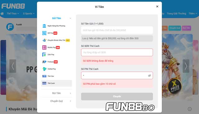 Cách nạp tiền vào Fun88 qua thẻ cash tiết kiệm thời gian, đơn giản
