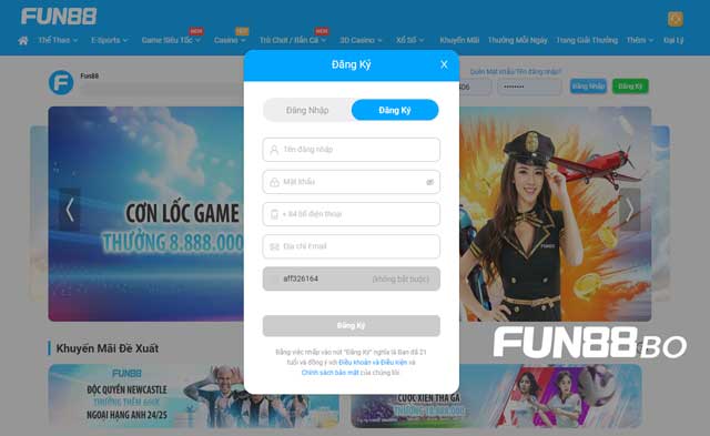 Điền thông tin cá nhân vào mẫu Fun88 đăng ký