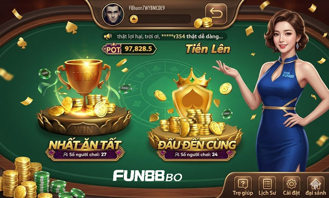 Bài tiến lên tại Fun88 có 2 lựa chọn là nhất ăn tất và đấu đến cùng
