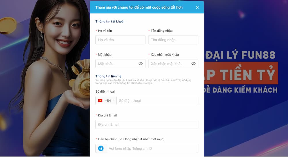 Mẫu form đăng ký đại lý Fun88 trực tuyến giúp kích hoạt mã đối tác nhanh trong 24h