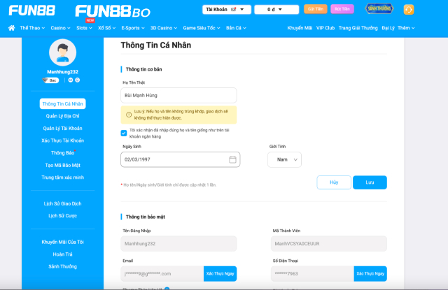 Giao diện chỉnh sửa thông tin cá nhân khi đăng ký Fun88 thành công