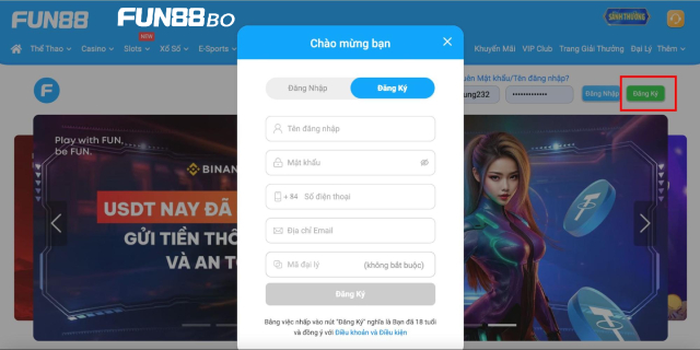 Giao diện khi đăng ký Fun88 cùng các ô nhập thông tin