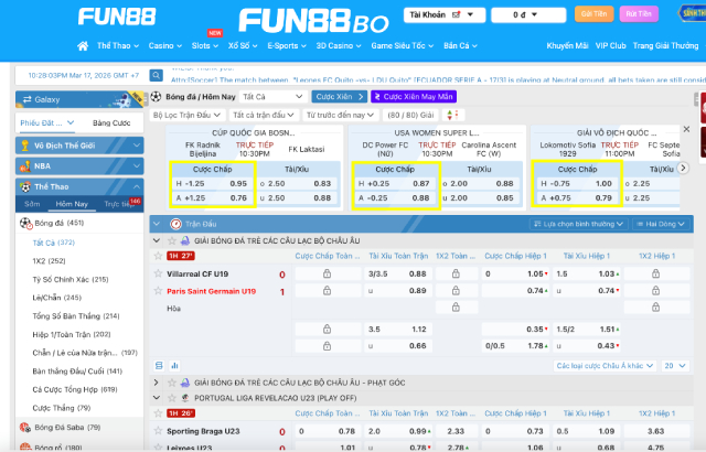 Kèo chấp Fun88 với bảng cược cụ thể