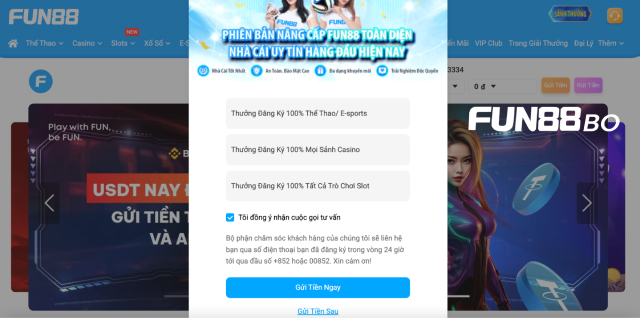 Màn hình khi bạn đăng ký Fun88 thành công