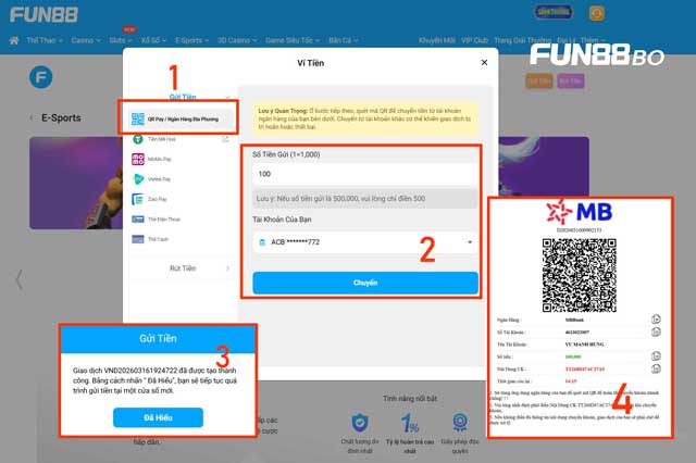 Nạp tiền Fun88 qua QR Pay